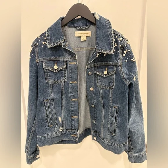 Anthropologie Pilcro Embellished Distressed Denim Trucker Jacket Size Small - Picture 2 of 16